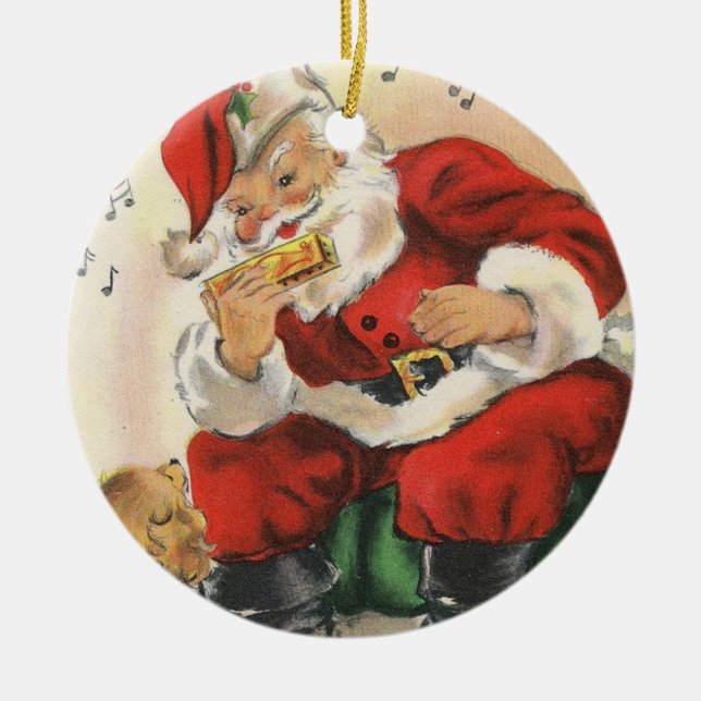 Santa Plays Harmonica Ceramic Ornament (Front)