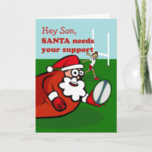 Santa Plays Rugby for Christmas, Son, Custom Text Holiday Card
