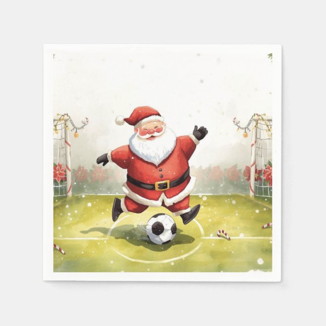 Santa plays Soccer Christmas Holiday  Napkins (Front)