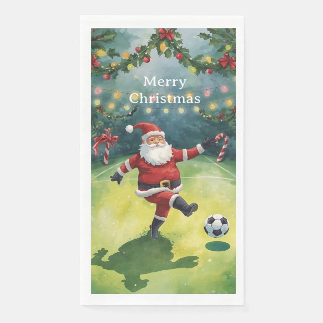 Santa plays Soccer Christmas Holiday  Paper Guest Towels (Front)