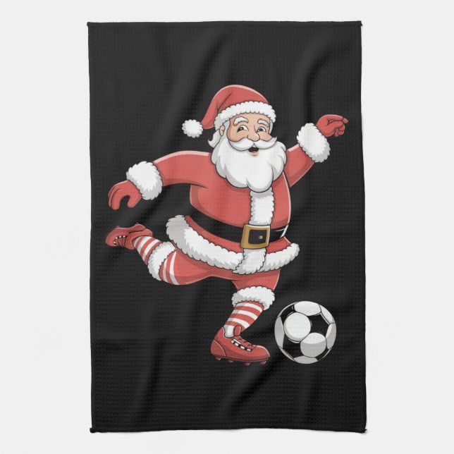 Santa Plays Soccer Christmas Sports Kitchen Towel (Vertical)
