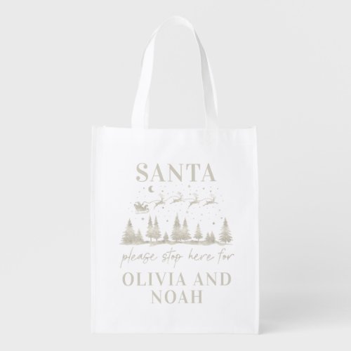 Santa please stop here for Christmas silver Grocery Bag