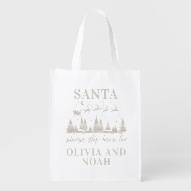 Santa please stop here for Christmas silver Grocery Bag (Front)