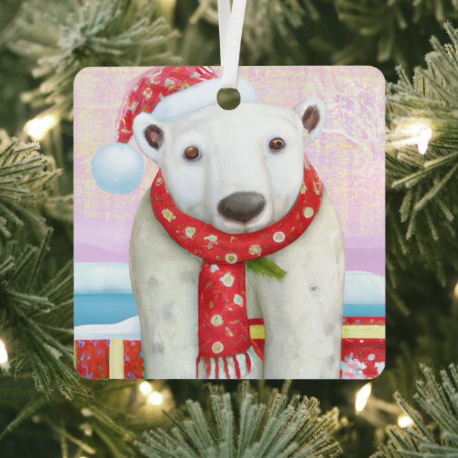 Santa Polar Bear Metal Ornament (Insitu)