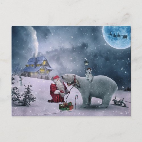 Santa polar bear sleigh reindeer Christmas Holiday Postcard