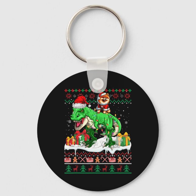 Santa Pomeranian Riding T-rex Christmas Sweater Lo Keychain (Front)