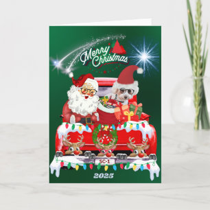 Santa & Poodle Merry Christmas Green Greeting Card
