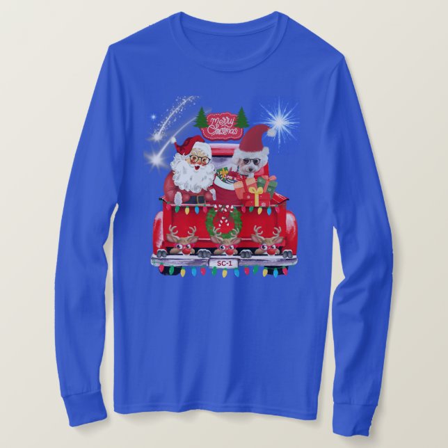 Santa Poodle Reindeer Christmas Blue Tee (Design Front)