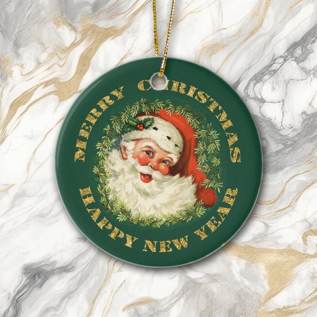 Santa Portrait Gold Text Ceramic Ornament (Creator Uploaded)