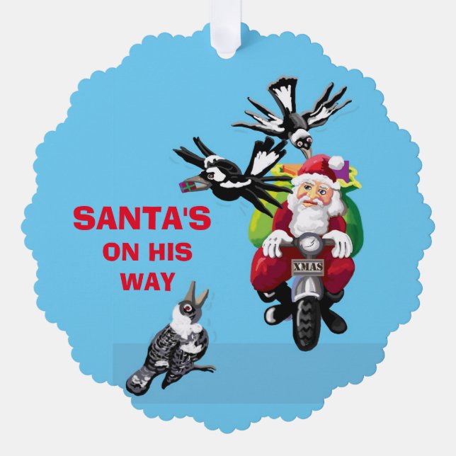 Santa postman and magpies ornament card (Front)