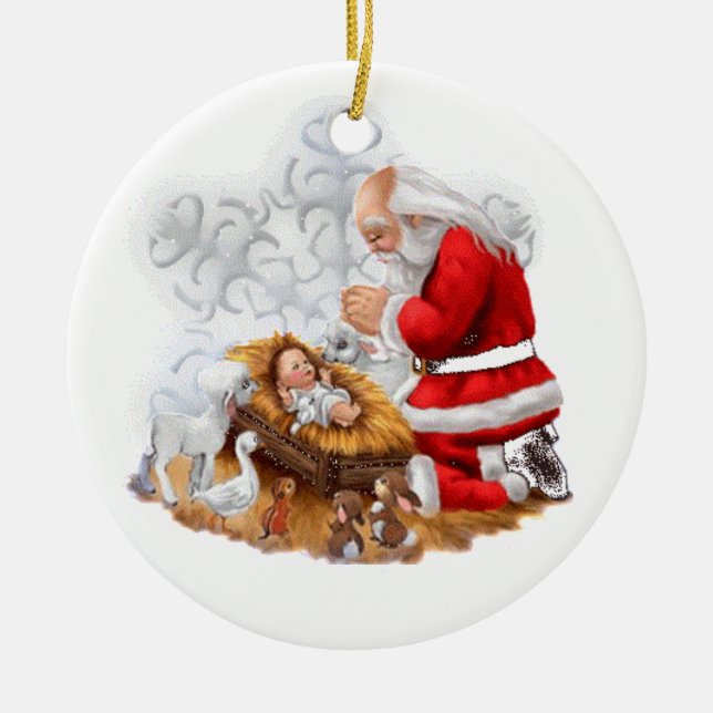 Santa Pray Over Baby Jesus Ornament (Front)