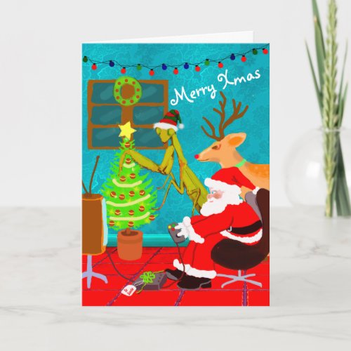 Santa Praying Mantis Personalized Weird Christmas Card