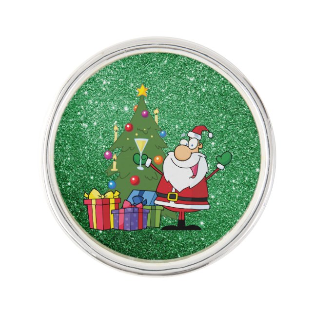Santa & Presents Green Faux Glitter Lapel Pin (Front)