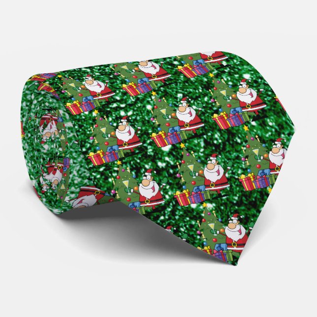 Santa & Presents Green Faux Glitter Tie (Rolled)