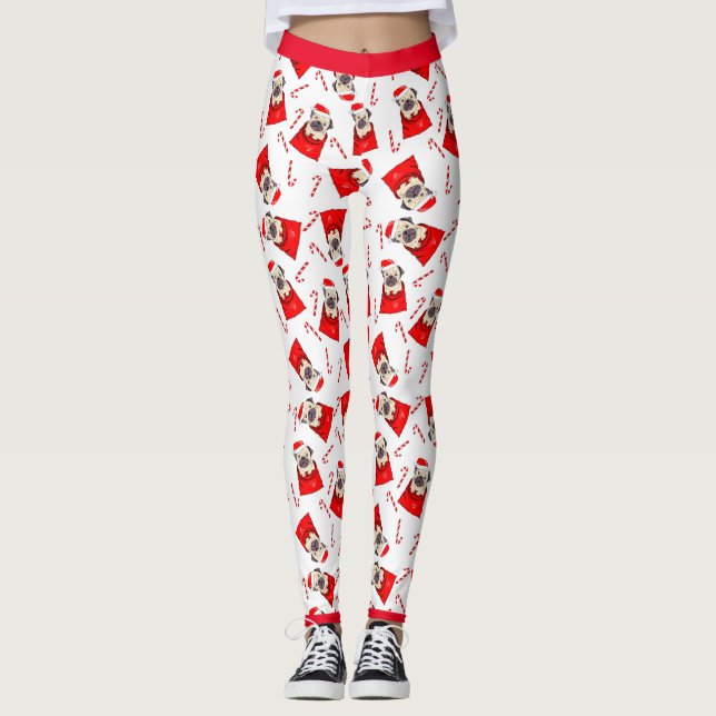 Santa Pug & Candy Canes Holiday Leggings (Front)