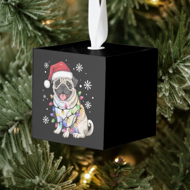 Santa Pug Christmas Lights Xmas Dog Lover  Cube Ornament (Tree)