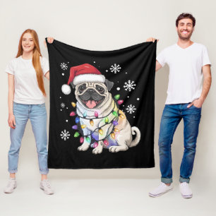 Santa Pug Christmas Lights Xmas Dog Lover Fleece Blanket