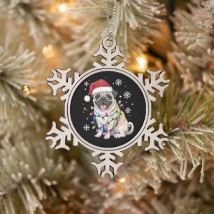 Santa Pug Christmas Lights Xmas Dog Lover Snowflake Pewter Christmas Ornament