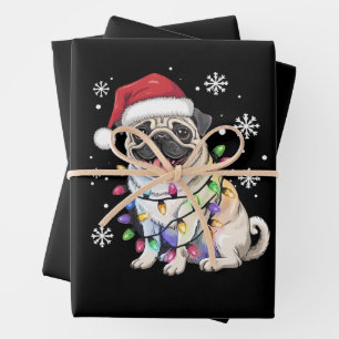 Santa Pug Christmas Lights Xmas Dog Lover  Wrapping Paper Sheets
