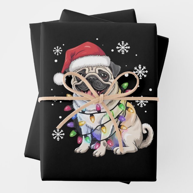 Santa Pug Christmas Lights Xmas Dog Lover  Wrapping Paper Sheets (In situ)