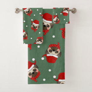 Santa Pug Christmas Pattern Bath Towel Set
