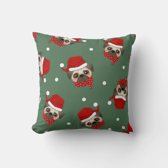 Santa Pug Christmas Pattern Throw Pillow (Front)