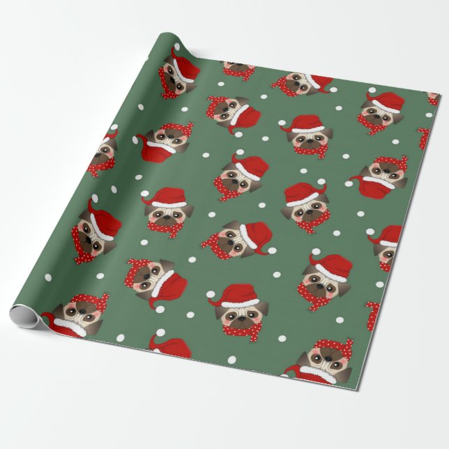 Santa Pug Christmas Pattern Wrapping Paper (Unrolled)