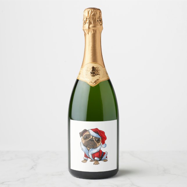 Santa Pug  Cute Pug in Santa Costume   Sparkling Wine Label (Front)