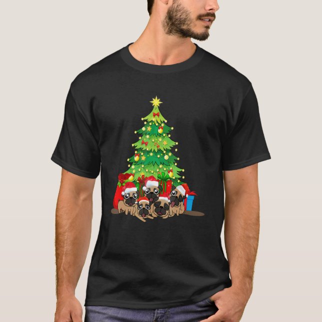 Santa Pug Dog Christmas Merry Pugmas Xmas Tree Lig T-Shirt (Front)
