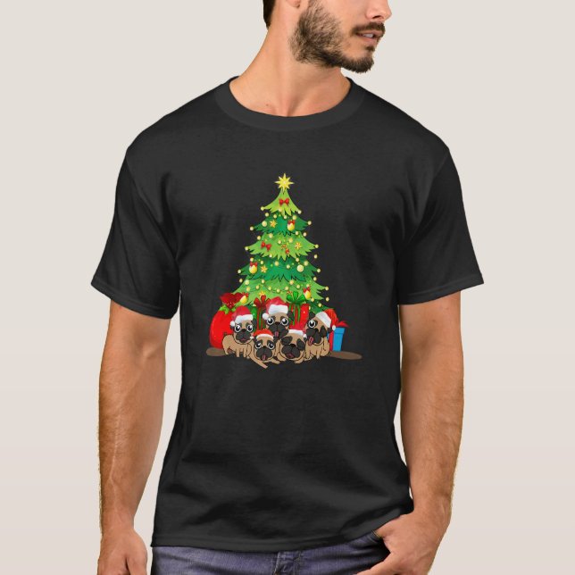 Santa Pug Dog Christmas Merry Pugmas Xmas Tree Lig T-Shirt (Front)