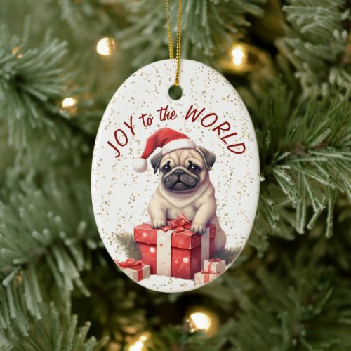 Santa Pug Dog Gift Box Joy to the World Holiday Ceramic Ornament