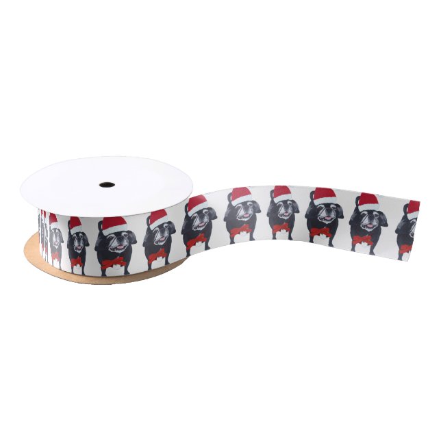 Santa Pug Dog Red Bow Christmas Ribbon (Spool)