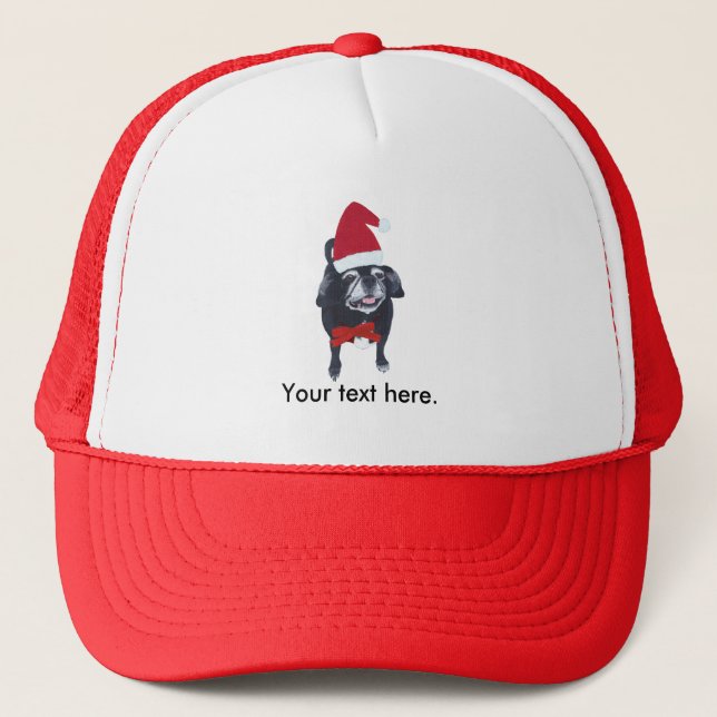 Santa Pug Dog Red Bow Your Text Christmas Hats (Front)