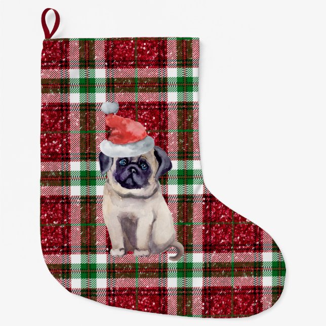 Santa Pug Plaid Christmas Large Christmas Stocking (Front)