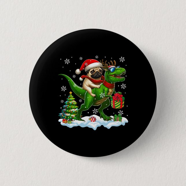Santa Pug Riding Reindeer T-rex Christmas Kids Tod Button (Front)