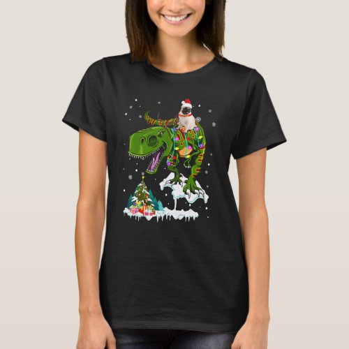 Santa Pug Riding Rex Reindeer Christmas Light Love T-Shirt