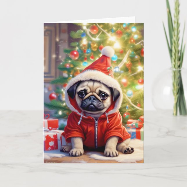  Santa Pug Under the Christmas Tree Holiday Card (Front)