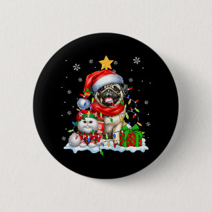 Santa Pug With Elf Cat Christmas Lights Owner Kids Button