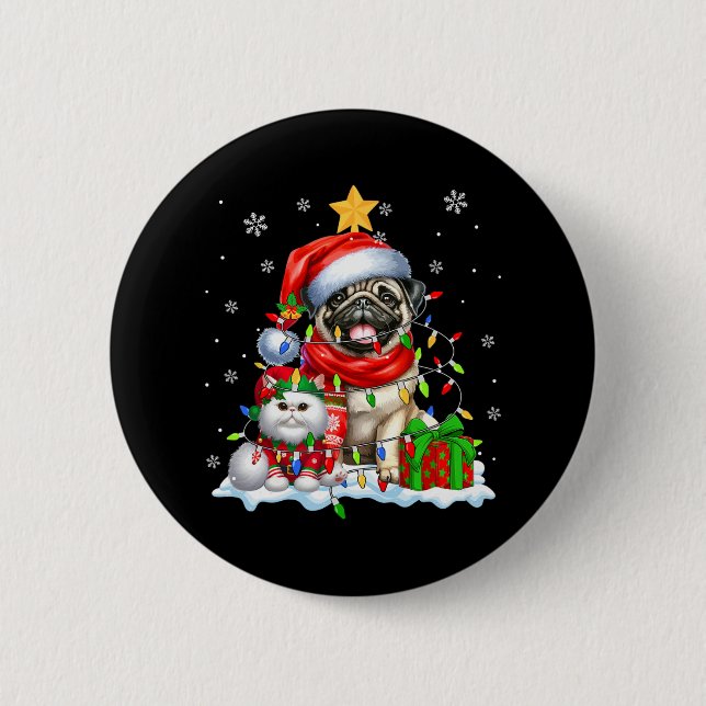 Santa Pug With Elf Cat Christmas Lights Owner Kids Button (Front)
