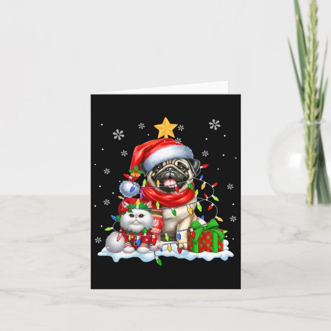 Santa Pug With Elf Cat Christmas Lights Owner Kids Card (Front)