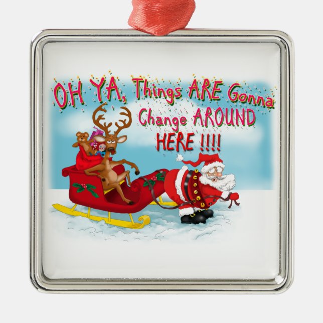 Santa pulling reindeer! metal ornament (Front)