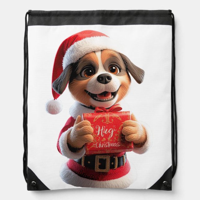 Santa Pup Says: Hug Christmas! 🎅🐾 Drawstring Bag (Front)