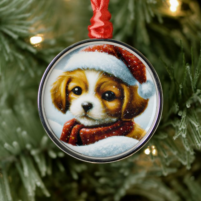Santa puppy Christmas Metal Ornament (Tree)