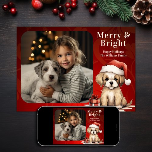 Santa Puppy Merry and Bright Photo Dog Christmas Holiday Card