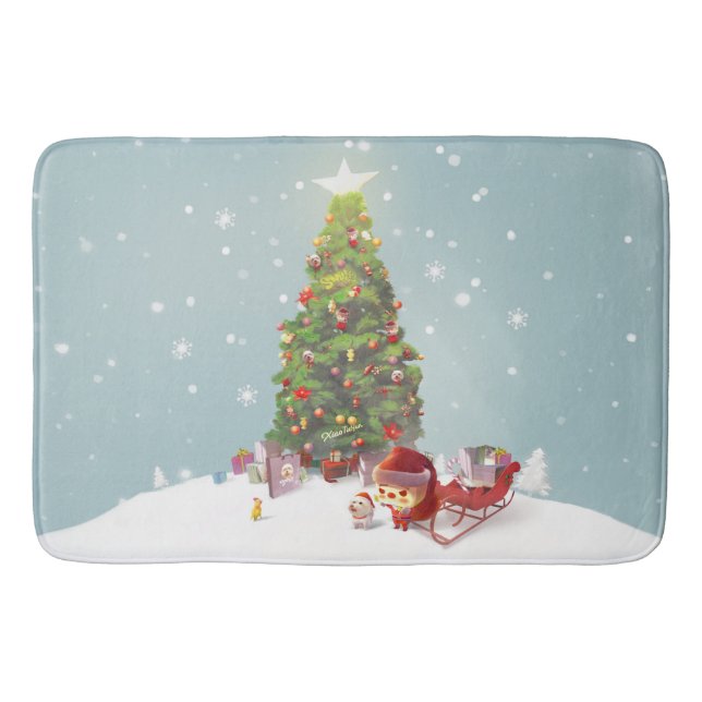 Santa Puppy: Smiling Bichon & Christmas Tree Bath Mat (Front)