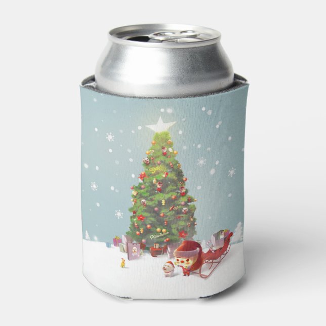 Santa Puppy: Smiling Bichon & Christmas Tree Can Cooler (Can Front)