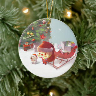 Santa Puppy: Smiling Bichon & Christmas Tree Ceramic Ornament