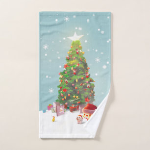 Santa Puppy: Smiling Bichon & Christmas Tree Hand Towel