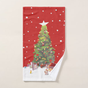 Santa Puppy: Smiling Bichon & Christmas Tree Hand Towel