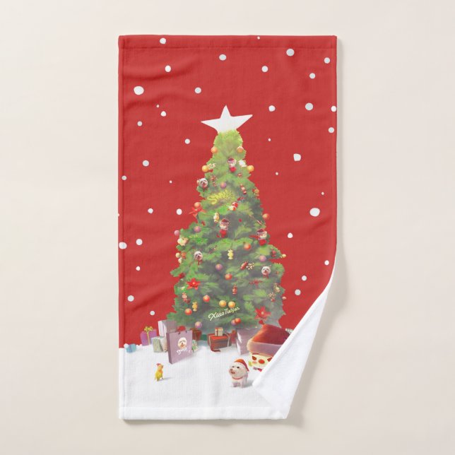 Santa Puppy: Smiling Bichon & Christmas Tree Hand Towel (Hand Towel)